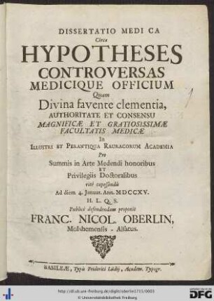 Dissertatio Medica Circe Hypotheses Controversas Medicique Officium