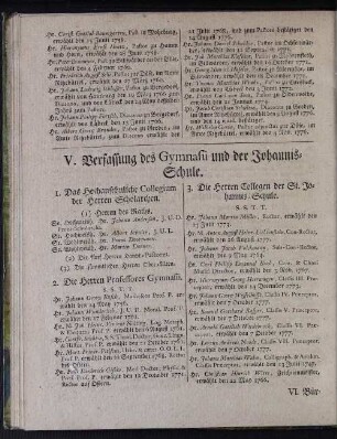 V. Verfassung des Gymnasii und der Johannis-Schule.