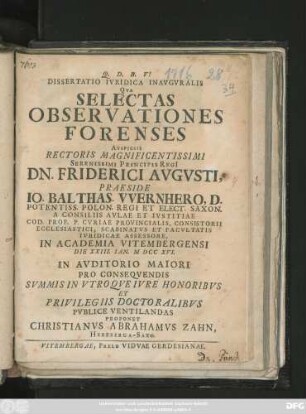 Dissertatio Ivridica Inavgvralis Qva Selectas Observationes Forenses