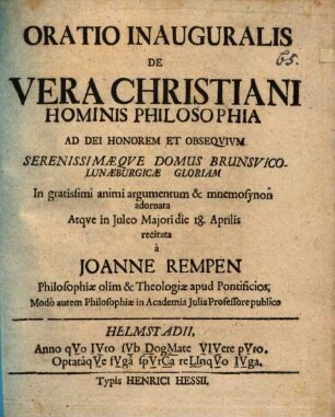 Oratio inaug. de vera Christiani hominis philosophia