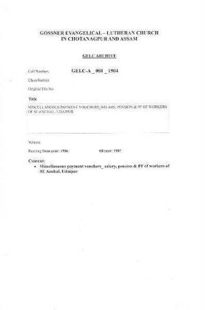 MISCELLANEOUS PAYMENT VOUCHERS SALARY, PENSION & PF OF WORKERS OF SE ANCHAL, UDAIPUR