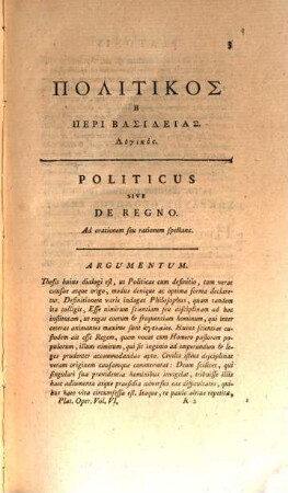 Platōn : Graece Ad Editionem Henrici Stephani Accurate Expressa. Volumen Sextum