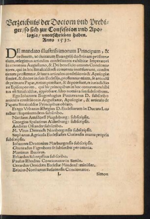 Verzeichnis der Doctorn und Prediger/ so sich zur Confession und Apologia/ unterschrieben haben. Anno 1537.