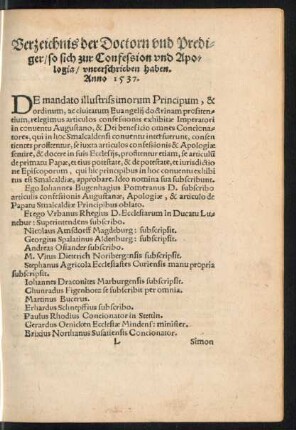 Verzeichnis der Doctorn und Prediger/ so sich zur Confession und Apologia/ unterschrieben haben. Anno 1537.