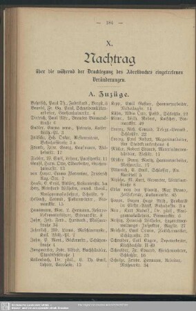 X. Nachtrag über die während der Drucklegung des Adreßbuches eingetretenen Veränderungen
