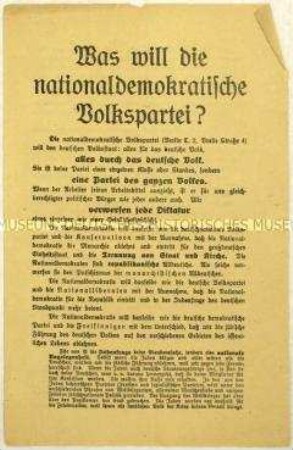 Flugblatt mit dem politischen Programm der Nationaldemokratischen Volkspartei und Aufruf zum Beitritt