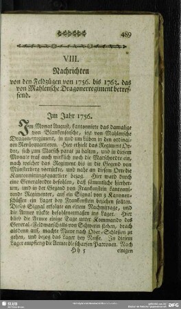 VIII. Nachrichten von den Feldzügen von 1756. bis 1763. das von Mahlensche Dragonerregiment betreffend