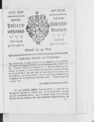 22tes Stück, Ausgabe vom 29. May 1776