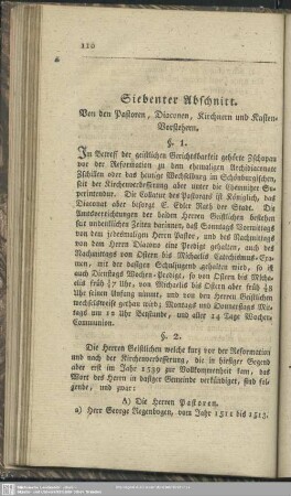 Siebenter Abschnitt. Von den Pastoren, Diaconen, Kirchnern und Kasten-Vorstehern