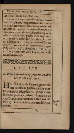 Cap. LXII. De Reipub. Speciebus [et] primum quidem De Monarchia.