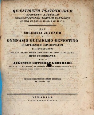 Qua solemnia juvenum e Gymnasio Guilielmo-Ernestino in litterarum universitatem dimittendorum ... rite celebranda indicit. 1839/40 (1840)