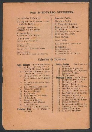Obras de Eduardo Gutiérrez [y] Colección de Payadores