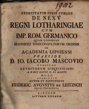 Exercitatio iuris publici de nexu regni Lotharingiae cum Imp. Rom. Germanico
