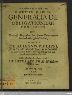 Disputatio iuridica generalia de obligationibus