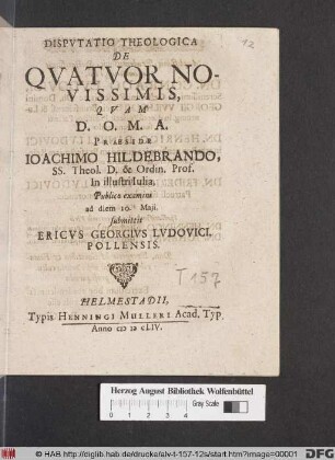 Disputatio Theologica De Quatuor Novissimis