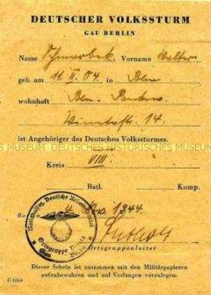 Ausweis des Volkssturms von Walter Schmarbeck