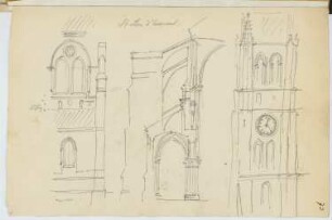 Skizzen- und Fotoalbum 10: Abteikirche, Saint-Leu-d’Esserent: Ansicht Turm, Innenansicht, Schnitt