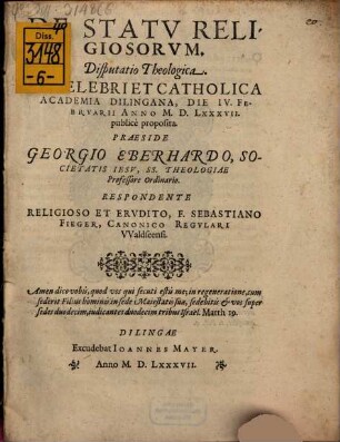 De Statv Religiosorvm Disputatio Theologica