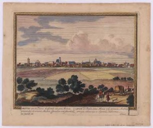 Ansicht von Leipzig, Kupferstich, 1702 : Leipzig aen de Pleisze, hoofstadt van ganz Meissen vermaert door de vornaeme Academie, Commercien ende schoonheit : cum Privil. = Lipsia ad Plissam, totius Misniae urbs primaria, Academia principe, Commercys ac elegantiâ, celeberrima / Pet. Schenk exc. - Amsterdam , [1702]. - 1 Kunstbl. : kolor. Kupferst. ; Plattengr. 27 x 22 cm