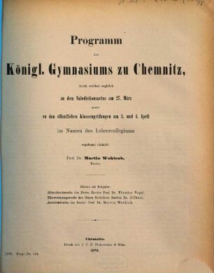 Programm des Königl. Gymnasiums zu Chemnitz : für das Schuljahr Ostern ... bis Ostern ..., 1877/78