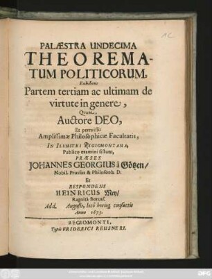 Palaestra Undecima Theorematum Politicorum, Exhibens Partem tertiam ac ultimam de virtute in genere,