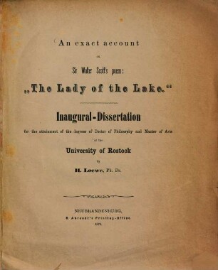 An exact Account on Sir Walter Scott's Poem: "The Lady of the Lake." : Inaugural-Dissertation