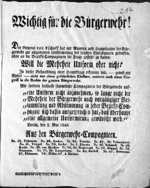 Wichtig fuer die Buergerwehr Wichtig für die Bürgerwehr! Der General von Aschoff hat mit Majoren und Hauptleuten der Bürgerwehr zur allgemeinen Uniformirung Aus den Bürgerwehr-Compagnieen. (Sammlung Friedlaender)