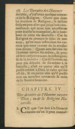 Chapitre IV. Des devoirs de l'Homme envers Dieu, ou de la Religion Naturelle.