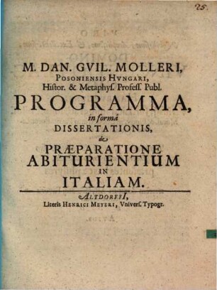 Programma in forma Dissertationis de praeparatione abiturientium in Italiam