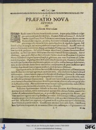Praefatio Nova Autoris ad Lectorem Benevolum.