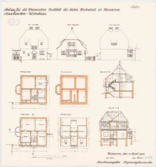 Chemische Institute der Technischen Hochschule Hannover Haupthaus: Maschinistenwohnhaus: Grundriss Fundamente, Keller, Erdgeschoss, Dachgeschoss; Aufriss Südansicht, Ostansicht, Westansicht; Längsschnitt, Querschnitt 1:100
