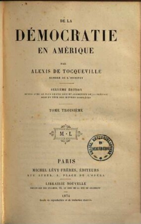 Oeuvres complètes d'Alexis de Tocqueville. 3 : De la démocratie en Amérique ; 3