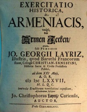 Exercitatio Historica, de Armeniacis, vulgo, den Armen Jecken