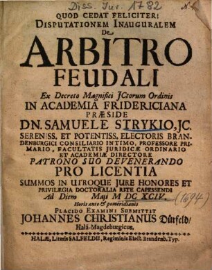 Disputationem Inauguralem De Arbitro Feudali