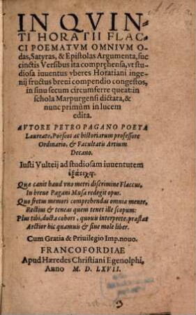 In Quinti Horatii Flacci Poematum Omnium Odas, Satyras, & Epistolas Argumenta