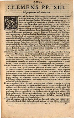 Sanctissimi Domini Nostri Clementis PP. XIII. litterae in forma brevis, quibus abrogantur, & cassantur ... nonnulla edicta in Ducatu Parmensi, & Placentino edita, libertati, immunitati, & iurisdictioni ecclesiasticae praeiudicialia