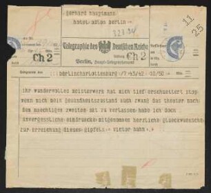 Brief von Victor Hahn an Gerhart Hauptmann