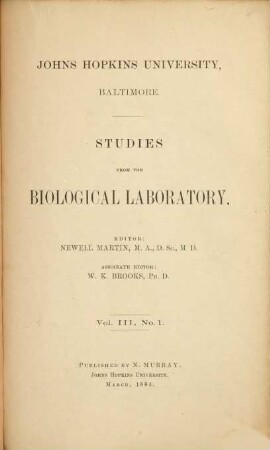 Studies from the Biological Laboratory, 3. 1884/87, Nr. 1 - 6