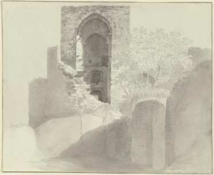 Blick in die hohe Fensteröffnung eines Turmes (Ruine Hohenstein bei Bad Schwalbach)