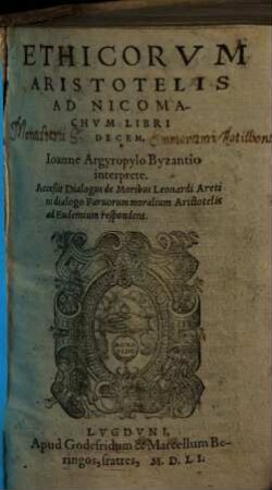 Ethicorum Aristotelis ad Nicomachum libri decem