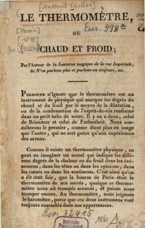 Le thermomètre ou Chaud et froid