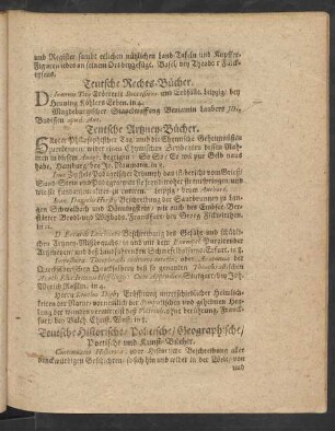 Teutsche Historische/ Politische/ Geographische/ Poetische und Kunst-Bücher.