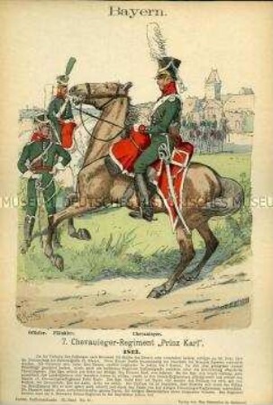 Uniformdarstellung, Offizier, Plänkler und Gemeiner des 7. Chevauleger-Regiments, Königreich Bayern, 1813.