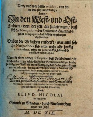 Newe und warhaffte relation, was sich ... in den West- und OstIndien zugetragen
