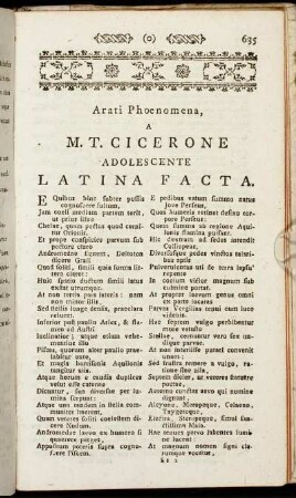 Arati Phoenomena, a M. T. Cicerone adolescente Latina Facta. - M. T. Ciceronis Fragmenta Librorum incertorum.