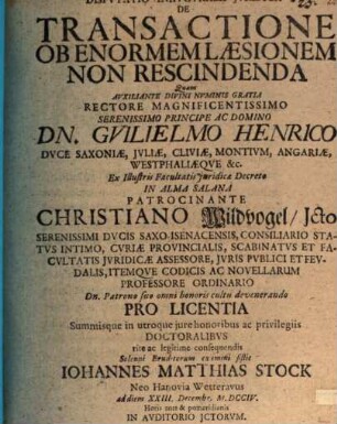 Disp. inaug. iur. de transactione ob enormem laesionem non rescindenda
