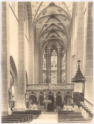 Liebfrauenkirche, Oberwesel: Perspektivische Ansicht des Innenraums: Hauptschiff und Chor mit Lettner