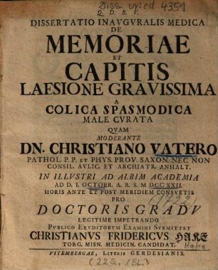Dissertatio Inavgvralis [Inauguralis] De Memoriae Et Capitis Laesione Gravissima A Colica Spasmodica Male Cvrata [Curata]