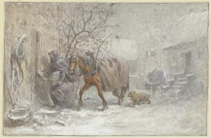 Gutshof im Winter, ein Pferd wird vom Kutscher in den Stall geführt