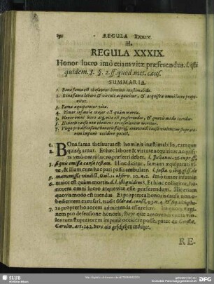 Regula XXXIX. Honor lucro imò etiam vitae praeferendus